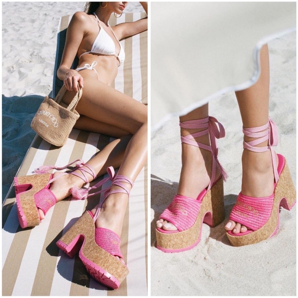 New Jimmy Choo Gal Raffia Cork Ankle-Tie Platform Sandals $750 38.5 - Picture 2 of 15